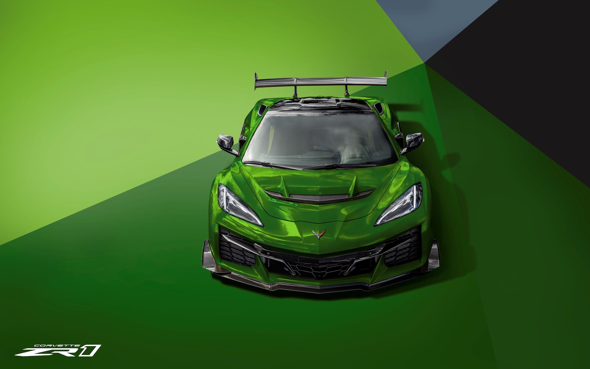 2026-corvette-zr1-green Front-facing view of 2025 Corvette ZR1 in Roswell Green Metallic. Preproduction model shown. Actual production model may vary.