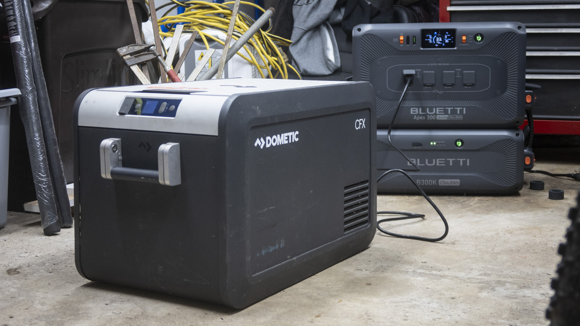 Bluetti Apex 300 portable power station running a Dometic fridge.