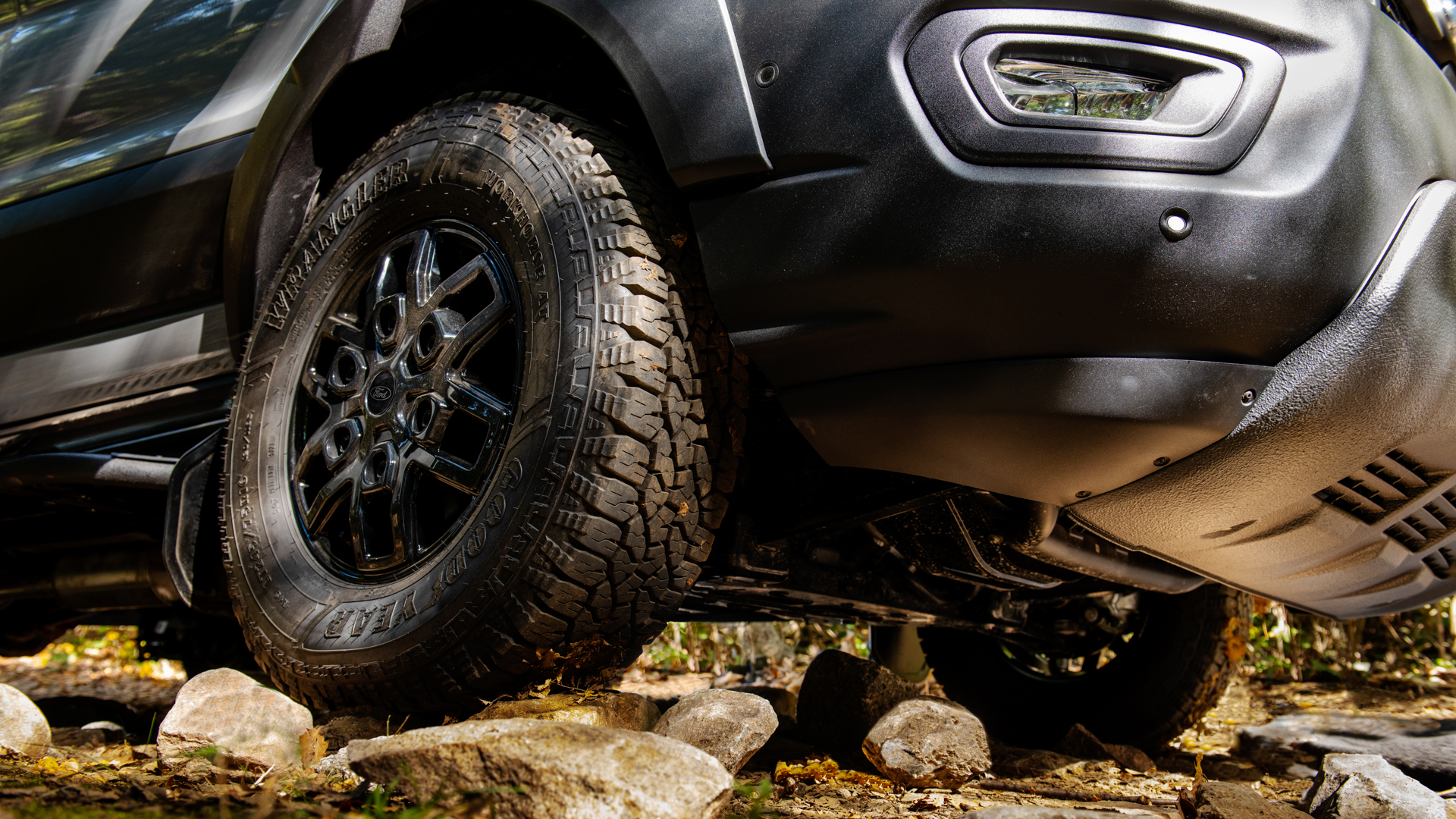 Ford Transit Trail on its original Goodyear all-terrain tires.