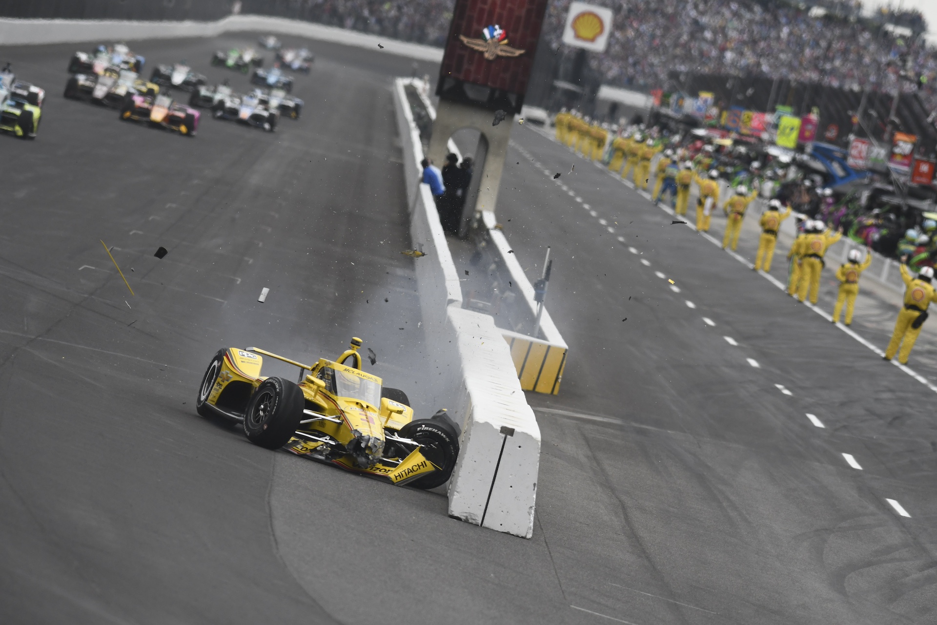 gettyimages-2216347284 INDIANAPOLIS, IN - MAY 25: Scott McLaughlin (#3 Team Penske Chevrolet) slide along pit wall after wrecking with one lap to go before the initial green flag to start the Sunday, May 25, 2025, 109th Indianapolis 500 at Indianapolis Motor Speedway in Speedway, Indiana. (Photo by David Allio/Icon Sportswire via Getty Images)