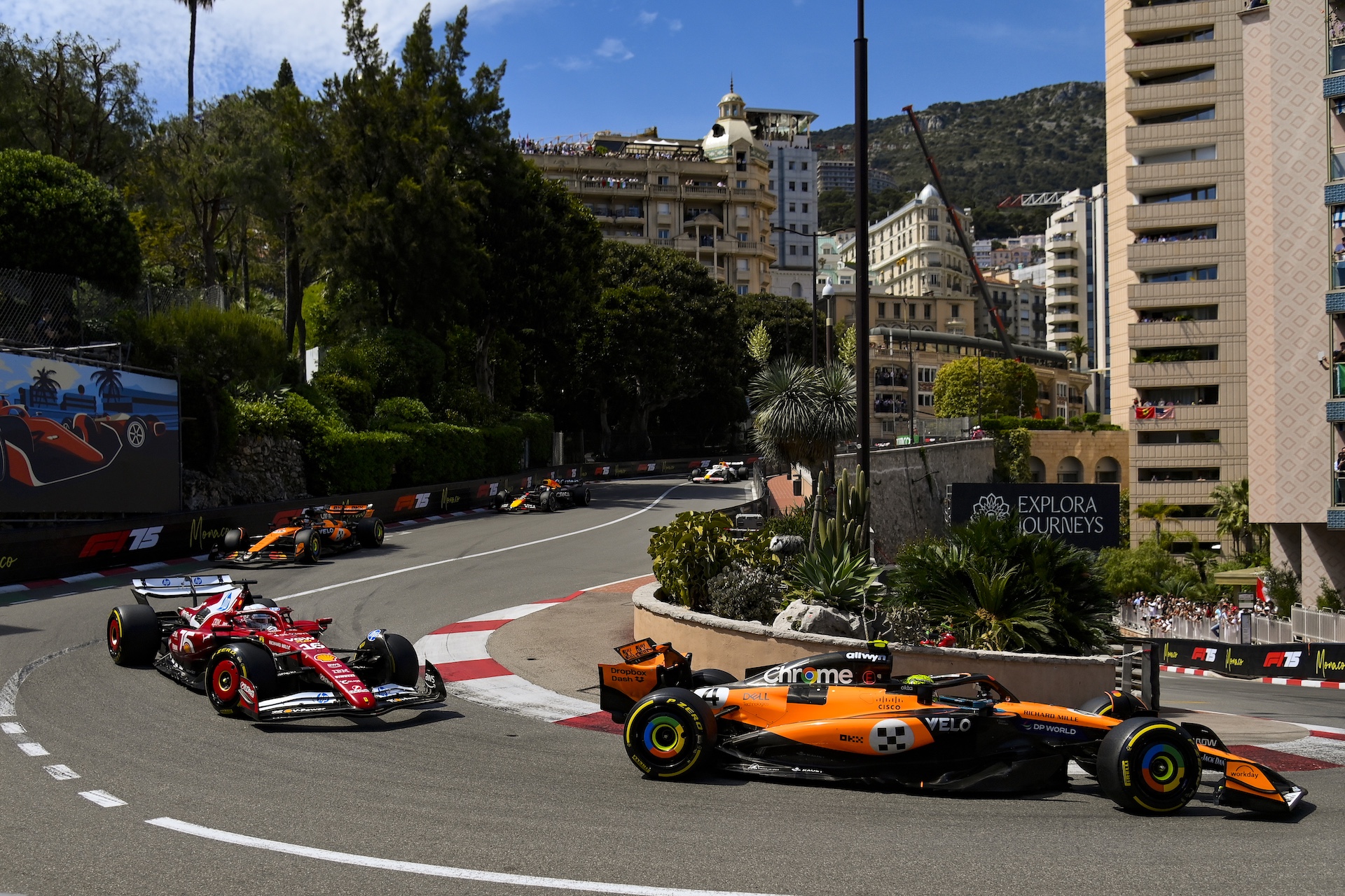 gettyimages-2216997965 MONTE-CARLO, MONACO - MAY 25: (L-R) Oscar Piastri of Australia driving for McLaren F1 Team, Charles Leclerc of Monaco driving for Scuderia Ferrari HP F1 Team and Lando Norris of Great Britain driving for McLaren F1 Team on track during of the F1 Grand Prix of Monaco at Circuit de Monaco on May 25, 2025 in Monte-Carlo, Monaco. (Photo by Stefano Guidi/Getty Images)