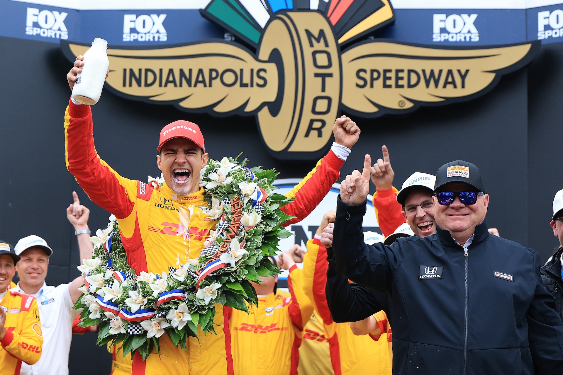 gettyimages-2217025978 INDIANAPOLIS, INDIANA - MAY 25: Alex Palou, driver of the #10 DHL Chip Ganassi Racing Honda, celebrates after winning the NTT IndyCar Series109th Running Of The Indianapolis 500 at Indianapolis Motor Speedway on May 25, 2025 in Indianapolis, Indiana. (Photo by Justin Casterline/Getty Images)