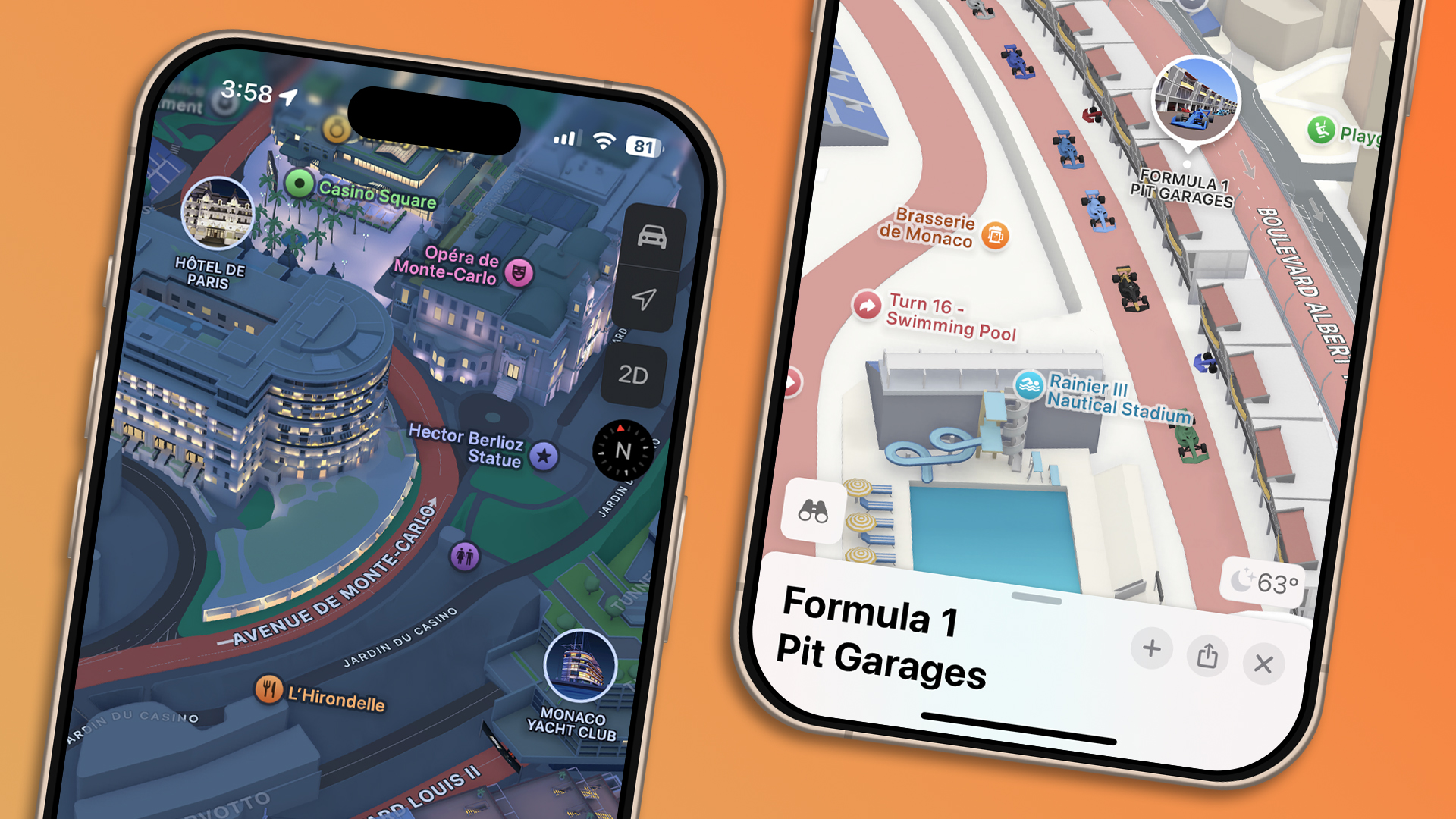iphone-2-1 Side by side images of iPhones showing details on the Monaco Grand Prix circuit.