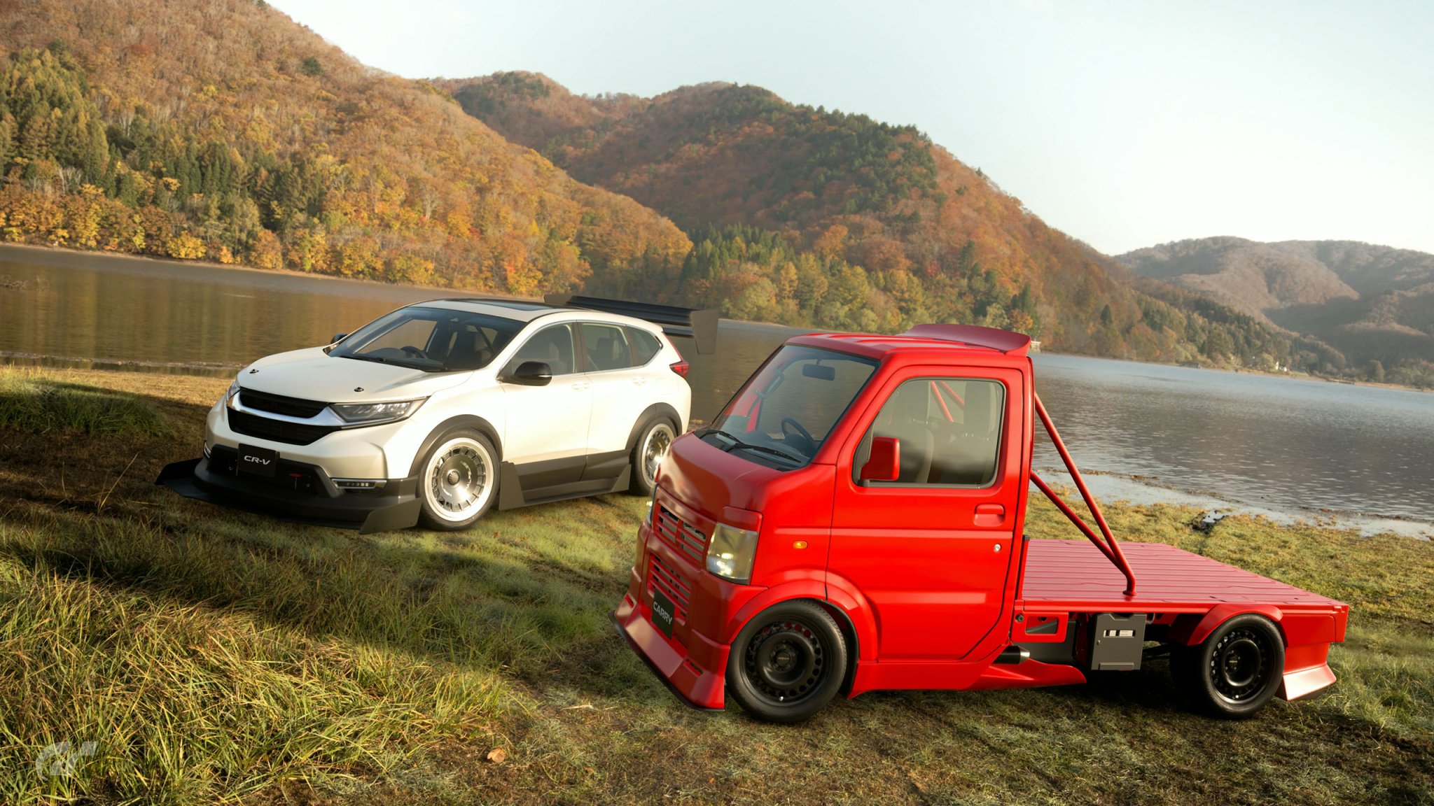 lake-hibara_-copy-1 Lake Hibara Scape photo in Gran Turismo 7 showing modified Suzuki Carry and Honda-CR-V.