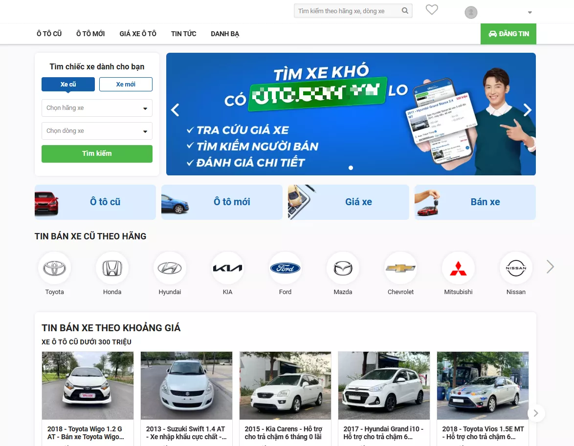 Giao diện của một chuyên trang mua bán ô tô cũ uy tín hàng đầu tại Việt Nam hiện nay.