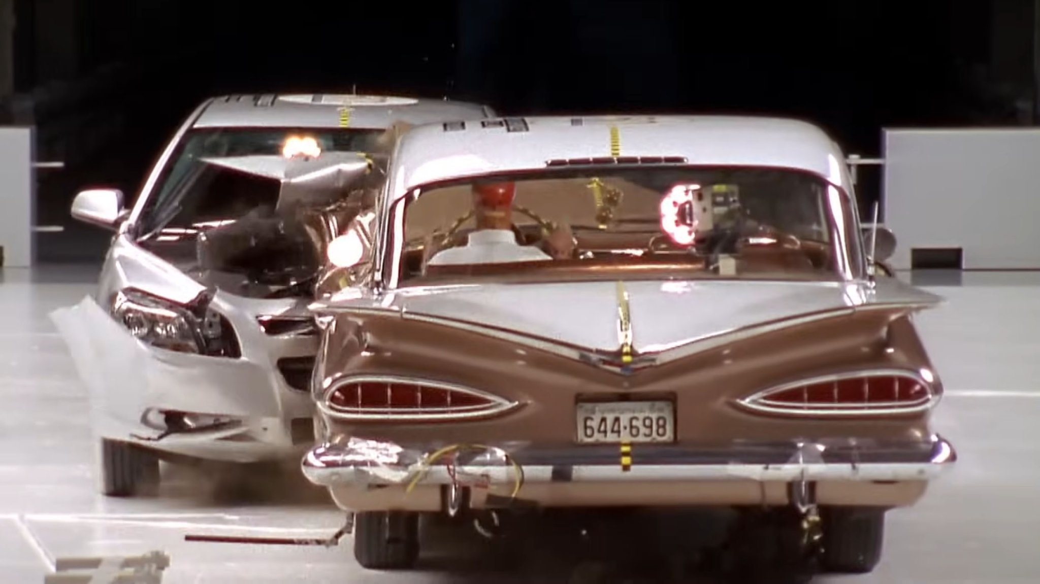 Scene from a 2009 IIHS crash test where a 1959 Chevrolet Bel Air was crashed into a 2009 Chevrolet Malibu.