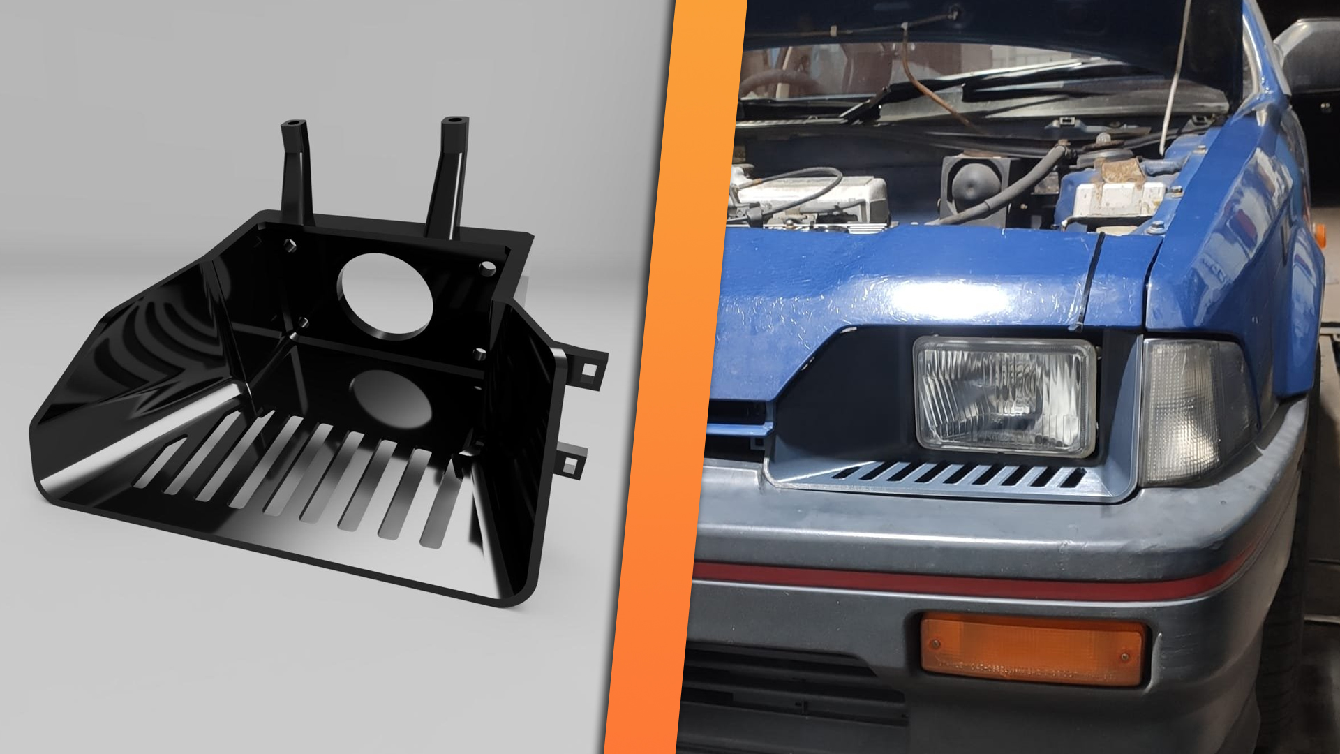 bwb-crx-front-1 A headlight shroud for a Honda CRX, rendered, and then shown installed.