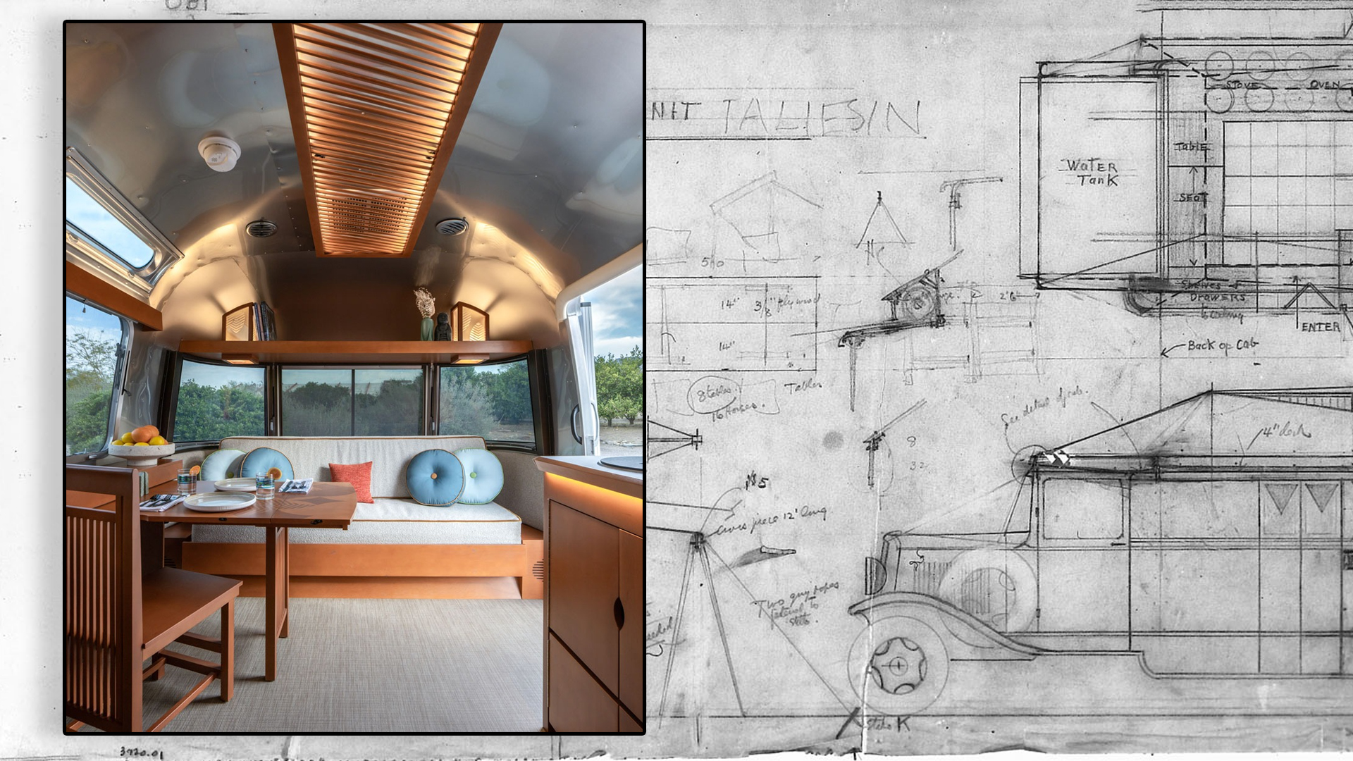 flw-airstream-concept-collab-1 Airstream Frank Lloyd Wright Usonian Limited Edition Travel Trailer with drawings from FLW's early food truck concepts.
