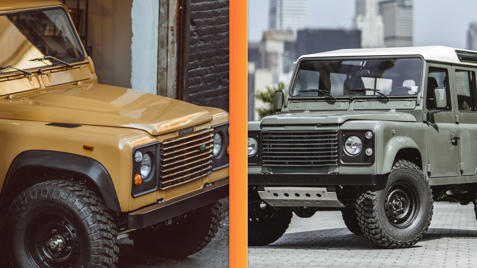 lr-colors Land Rovers in Sandglow yellow and Keswick green.
