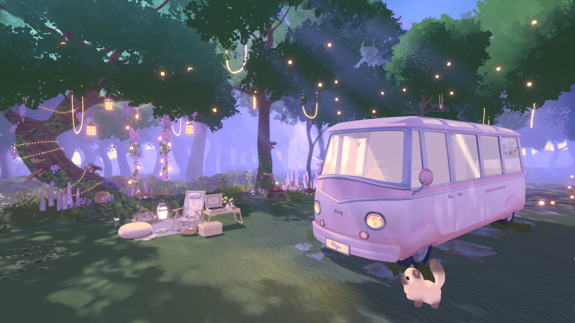ss_dd943640a1b146a6d8e998e09a4e5-1 Screenshot of Camper Van: Make It Home showing van exterior and decorated camping space at night.