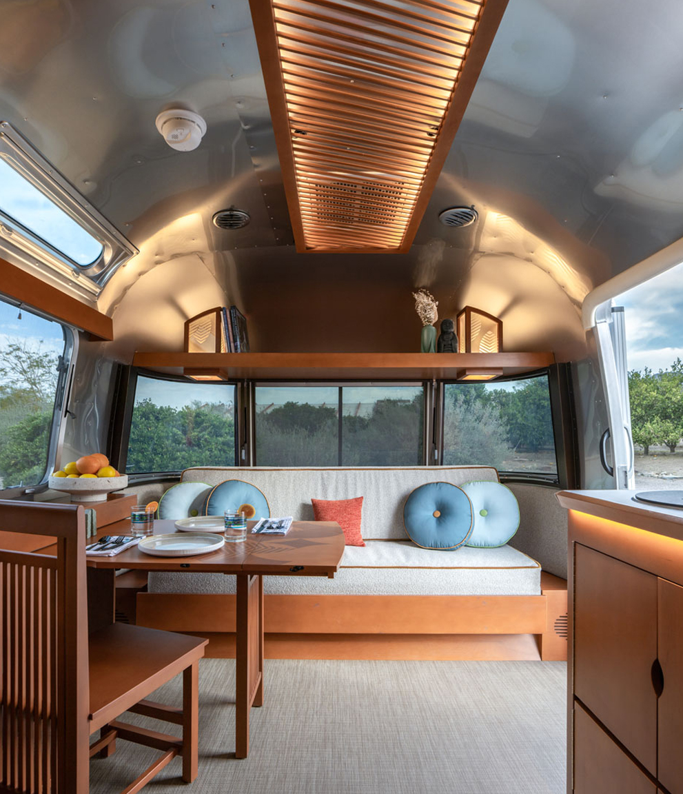 u2 Airstream Frank Lloyd Wright interior images.